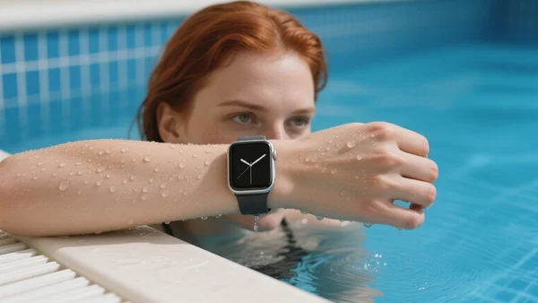 Gros plan sur une montre connectée au poignet d'une personne sortant de l'eau, des gouttes perlant sur l'écran et le bracelet, dans une piscine au carrelage bleu