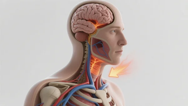 Plan en coupe schématique du corps humain, de la tête au torse, montrant l'hypothalamus (cerveau) et les vaisseaux sanguins dilatés sous la peau. Une flèche visuelle indique la chaleur corporelle qui s'échappe. L'image doit illustrer le mécanisme de vasodilatation et de perturbation de la régulation thermique par l'alcool, avec un ton éducatif et médical.