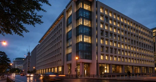 Immeuble gouvernemental moderne illuminé au crépuscule.