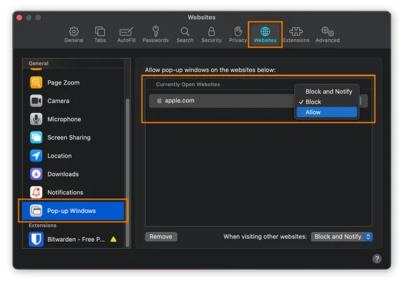 Paramètres de Safari sur Mac pour bloquer les fenêtres pop‑up, un exemple de contrôle publicitaire intégré au navigateur.