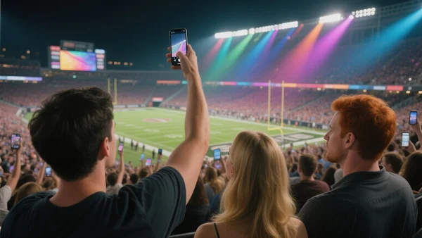 Stade de football rempli de supporters brandissant des téléphones allumés, effet de foule nocturne, projecteurs colorés illuminant le terrain, vue large depuis les gradins