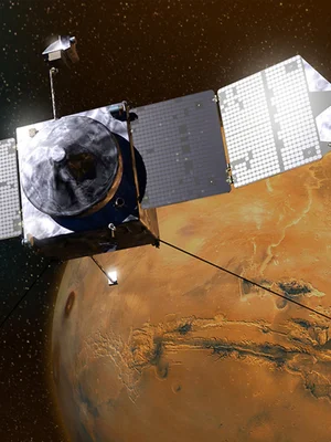 Représentation d'un satellite en orbite autour de Mars.