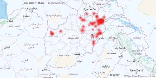 Carte de répartition des séismes en Afghanistan, Pakistan et Tadjikistan, illustrant la concentration des secousses dans la région de l'Hindu Kush.