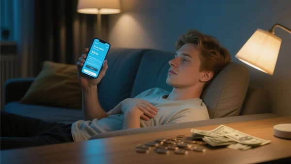 Jeune homme allongé sur un canapé regardant son smartphone, l'écran affiche une interface d'abonnement musical avec un prix, pièces de monnaie et billets éparpillés sur la table basse à côté, éclairage tamisé du salon en soirée