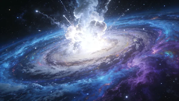 Vue d'artiste d'une supernova explosant dans une galaxie lointaine, éclat blanc intense au centre, bras spiraux de la galaxie en arrière-plan, poussières cosmiques colorées