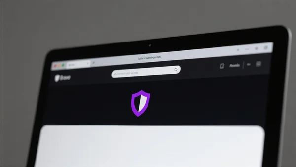 Fenêtre de navigateur Brave ouverte sur un site web, interface épurée sans publicités, fond d'écran sombre, icône de bouclier violet