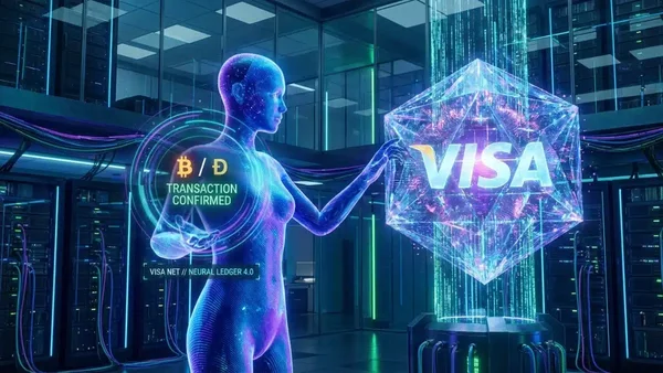 Illustration futuriste d'un agent IA interagissant avec le réseau de paiement Visa dans un environnement de serveurs.