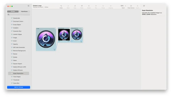 Interface du logiciel Odyssey présentant un workflow de traitement d'image par intelligence artificielle.
