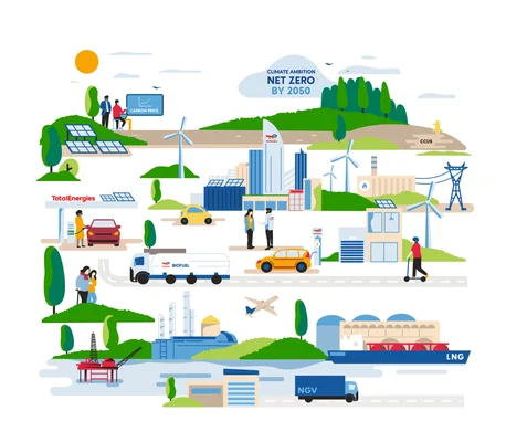 Stratégie de transition énergétique de TotalEnergies visant la neutralité carbone d'ici 2050, selon une illustration de Carbone 4.