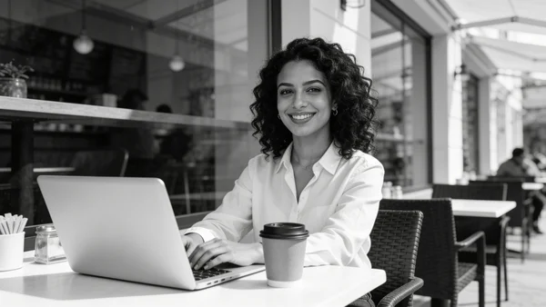 Photographie en noir et blanc d'une femme souriante travaillant sur un ordinateur portable dans un café lumineux, tasse de café à côté