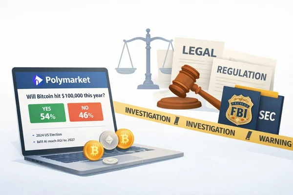 Illustration évoquant les enjeux juridiques autour de Polymarket, avec des symboles d'enquête et de régulation.