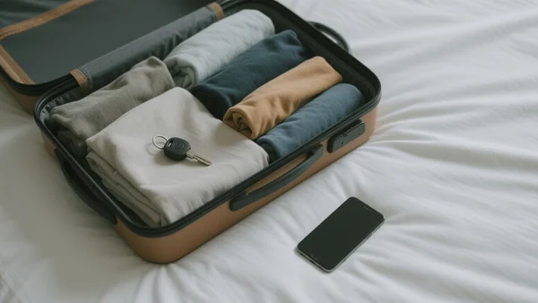 Valise ouverte sur un lit, vêtements pliés à l'intérieur, clés de voiture et téléphone posés à côté, vue de dessus, atmosphère tendue
