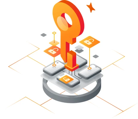 Illustration conceptuelle de la sécurité des données avec une clé orange et des cadenas.