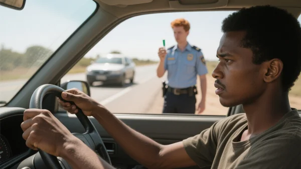 Gros plan sur un jeune conducteur, la main sur le volant, regardant droit devant lui avec une expression tendue. En arrière-plan, un agent de police tient un test salivaire. La scène se déroule sur le bord d'une route nationale, de jour. L'image doit illustrer le contraste entre le contrôle strict des jeunes et l'opacité du gouvernement.