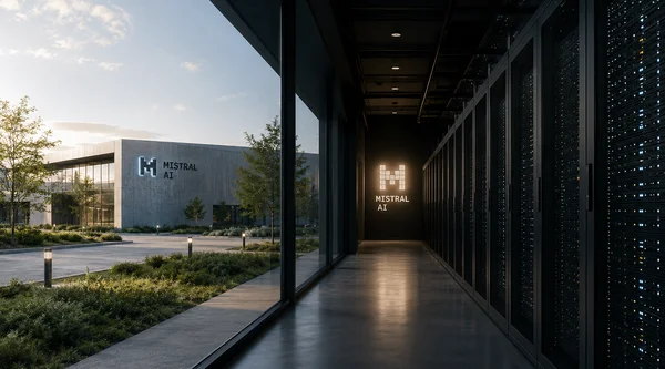 Infrastructure de Mistral AI : bâtiment et salle serveurs avec branding coordonné.