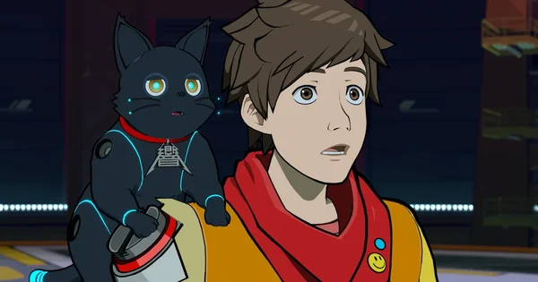 Scène de Hi-Fi Rush avec le personnage principal et son chat robotique