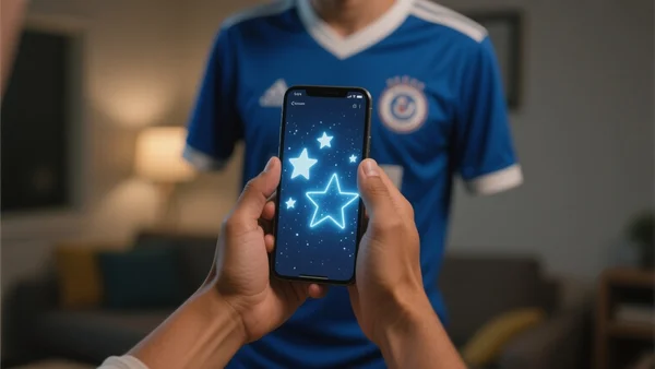Gros plan sur les mains d'un supporter tenant un téléphone affichant l'écran d'une application avec des étoiles virtuelles, maillot de football bleu visible en arrière-plan, lumière tamisée d'un salon