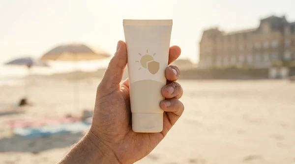 Main tenant un tube de crème solaire avec un symbole de protection UV, sur fond de plage.