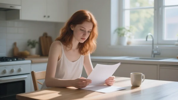 Jeune femme assise à une table de cuisine, lisant attentivement un document, tasse de café à côté, lumière naturelle du matin