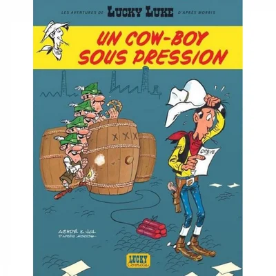 Couverture de l'album 'Un Cow-Boy Sous Pression' (2024) : Lucky Luke en proie au stress face aux Dalton.