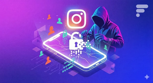 Illustration d'un pirate informatique ciblant Instagram, avec des symboles de sécurité.
