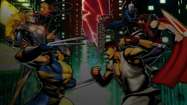 Bataille entre Wolverine, Cyclops, Ryu et Strider Hiryu dans Ultimate Marvel vs. Capcom 3.