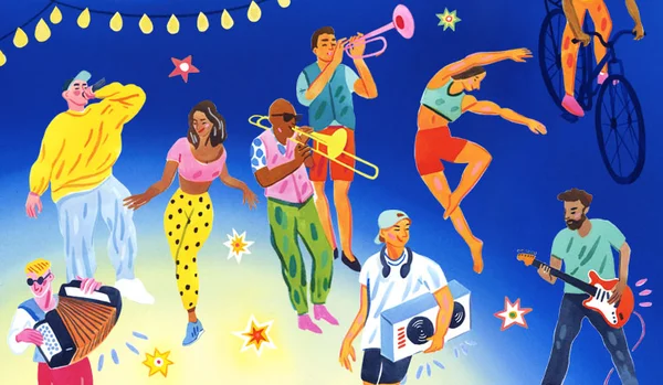 Illustration de la Fête de la musique avec des musiciens et danseurs sous des lumières.