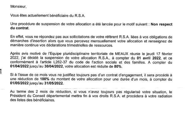 Document de notification de suspension du RSA, exemple des contrôles contestés dans le Finistère.