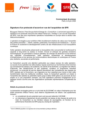 Communiqué officiel annonçant l'accord d'acquisition de SFR par un consortium d'opérateurs français.
