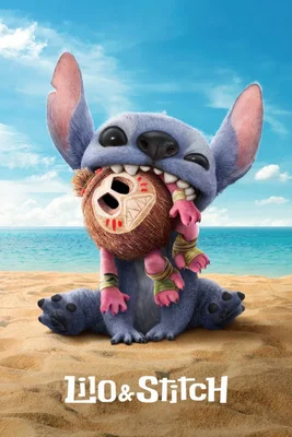 Affiche promotionnelle du nouveau film « Lilo & Stitch » en prise de vues réelles, mettant en vedette Stitch sur une plage.