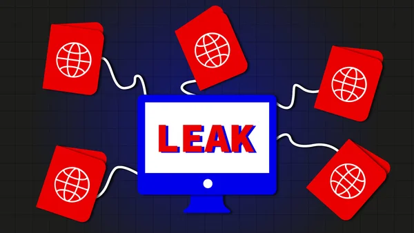 Illustration évoquant la fuite de données avec un écran affichant « LEAK » et des icônes de passeport.