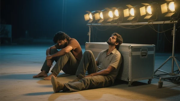 Équipe de tournage indienne épuisée, techniciens assis par terre, projecteurs allumés, nuit, ambiance de fatigue