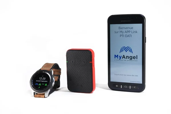 Application MyAngel et équipements PTI DATI pour la sécurité des travailleurs isolés : montre connectée et boîtier DATI.