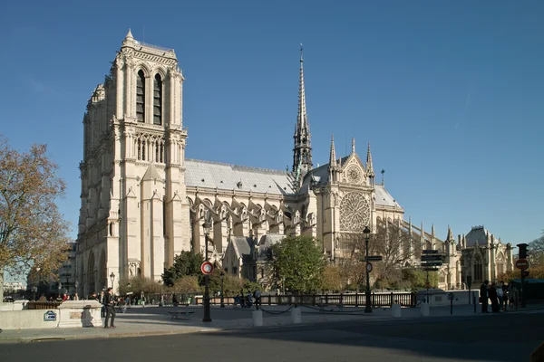 Notre-Dame de Paris vue du Quai de la Tournelle, avec ses arcs-boutants et sa flèche.
