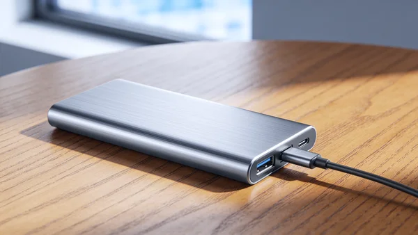 Gros plan sur une batterie externe argentée posée sur une table en bois, avec un câble USB-C branché, éclairage naturel doux