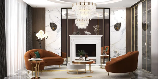 Salon luxueux d'Homary avec cheminée, marbre et canapés velours.