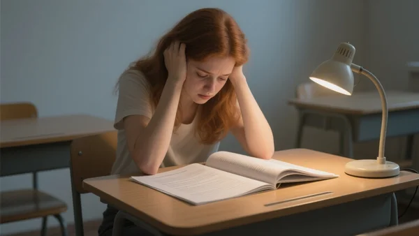 Jeune femme assise à un bureau, dossier de candidature ouvert devant elle, regard abattu, lumière tamisée d'une chambre d'étudiant