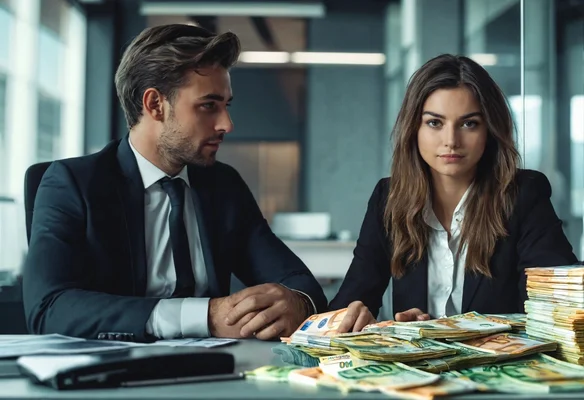 Illustration générique de transactions en espèces avec des liasses de billets en euros sur un bureau.