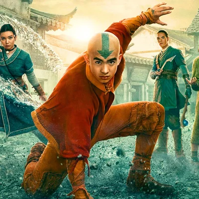 Affiche promotionnelle montrant des acteurs en costume maîtrisant les éléments dans la série Netflix.