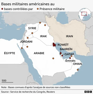 Carte des bases militaires américaines au Moyen-Orient, publiée par BBC News Afrique dans le cadre de son analyse du conflit.