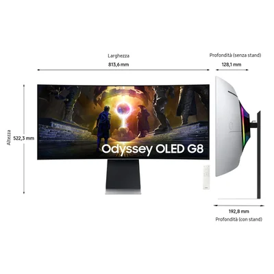 Schéma des dimensions du Samsung Odyssey OLED G8 avec vues de face et de côté.