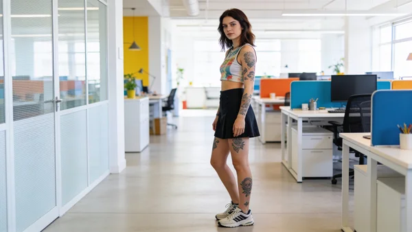 Jeune femme en crop top et jupe, tatouages apparents, baskets aux pieds, dans un open space moderne, ambiance décontractée