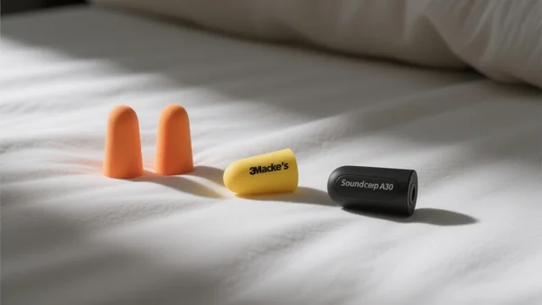 Gros plan sur trois paires de bouchons d'oreilles posées sur un drap blanc : Mack's Slim Fit en mousse orange, 3M 1100 jaunes, et écouteurs Soundcore Sleep A30 noirs, éclairage doux de chevet