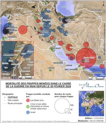 Infographie présentant la mortalité des frappes depuis le 28 février 2026, avec des cercles proportionnels aux pertes pour chaque belligérant.