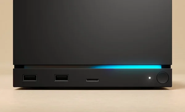 Façade d'une Steam Machine avec ports USB, lecteur SD et bande lumineuse bleue.