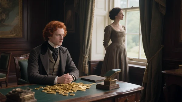 Homme en costume du XIXe siècle assis à un bureau comptant des pièces d'or, femme en robe longue debout près d'une fenêtre, regard tourné vers l'extérieur, salon bourgeois avec meubles en bois foncé