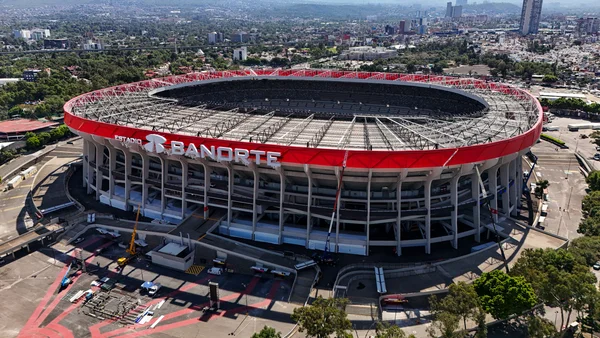 Vue aérienne du Estadio Banorte (Estadio Azteca), stade hôte de la Coupe du Monde 2026 à Mexico.