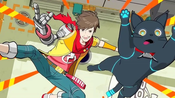 Personnage de Hi-Fi Rush avec son chat robotique, jeu développé par Tango Gameworks