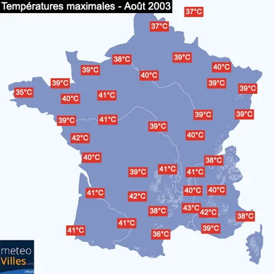 Carte des températures maximales en France lors de la canicule d'août 2003.