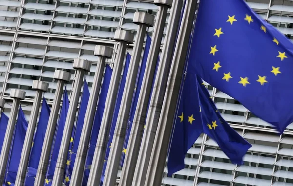 Drapeaux de l'Union européenne devant un bâtiment moderne.